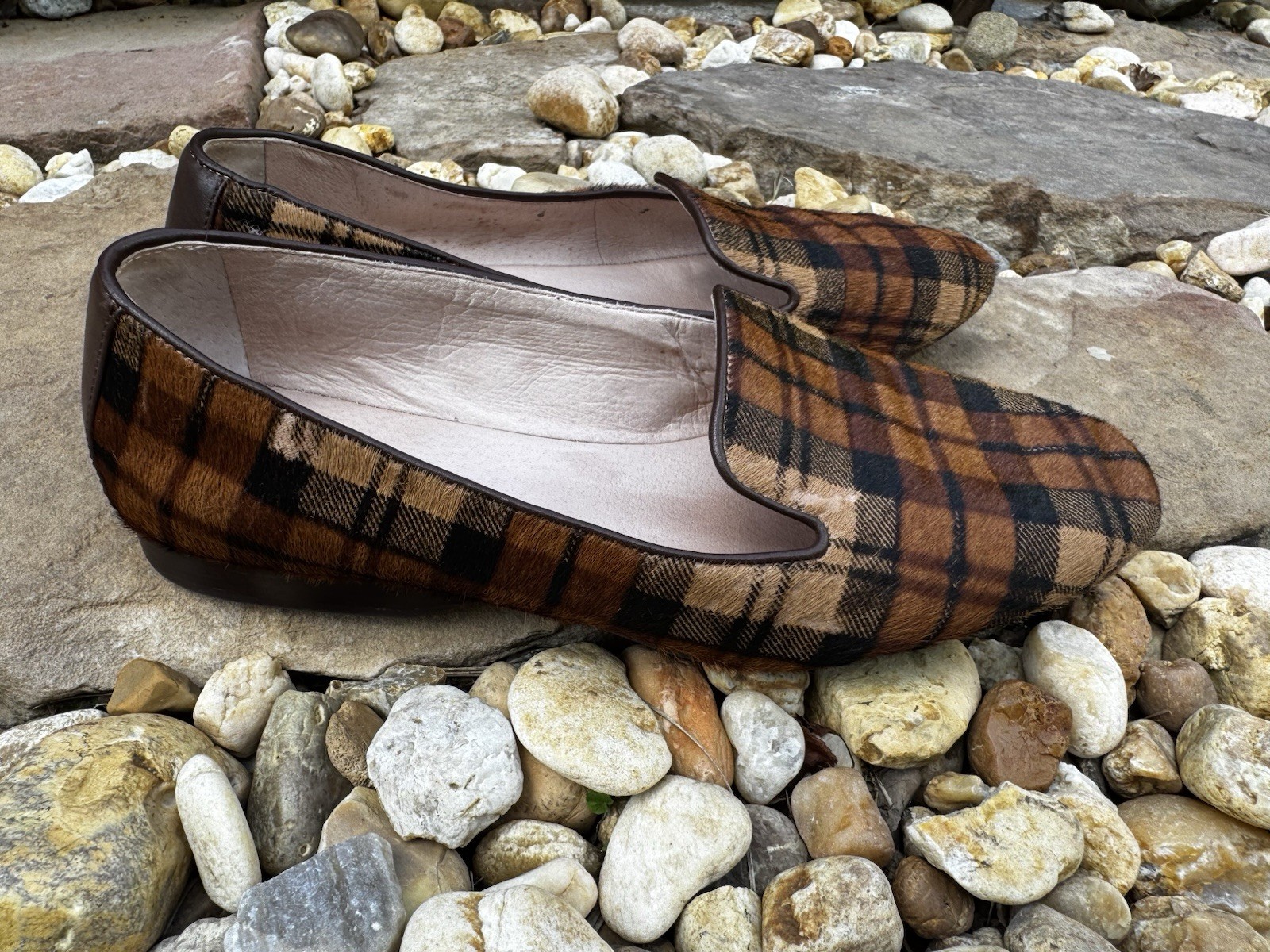 Antonio Melani Leather Loafers Slip On Flats Genuine Calf Hair Plaid Women 8.5