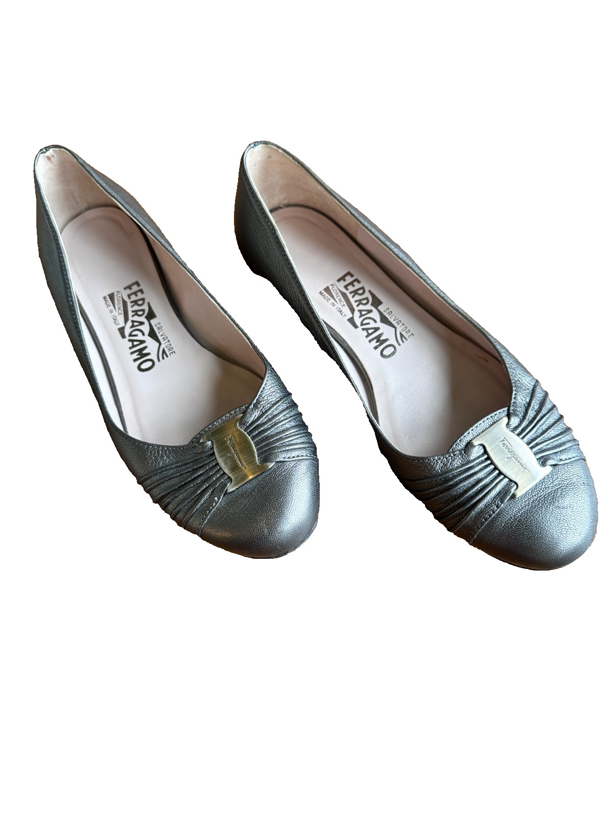 Ferragamo Taupe Metallic Ballet Flat, US Size 6B