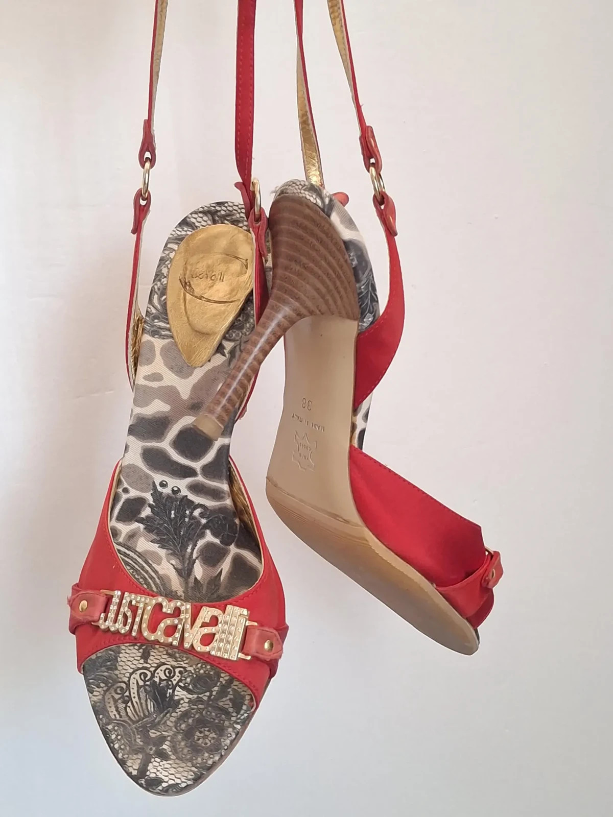 Y2K JUST CAVALLI Red and Leopard Print Heels | Satin Sandals | Size Eu 38