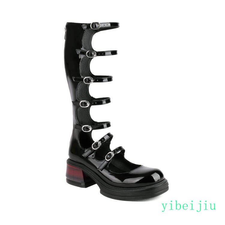 2025 Women’s Platform Low Cuban Heel Multi Buckles Knee High Mary Janes Shoes OL