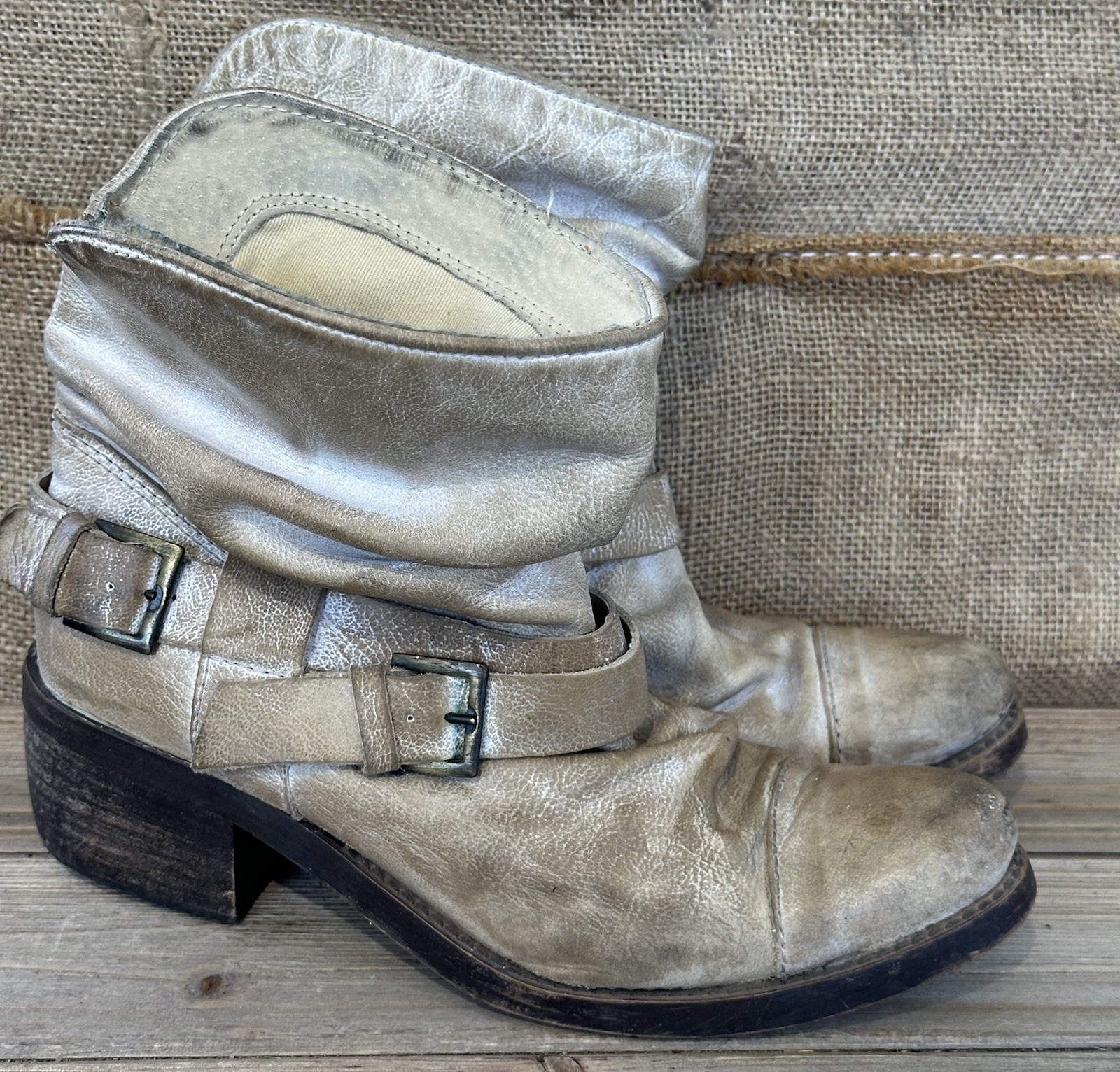 Lavorazione Artigiana Slouch Distressed Boots Buckle Accent Grunge Ankle Sz 7