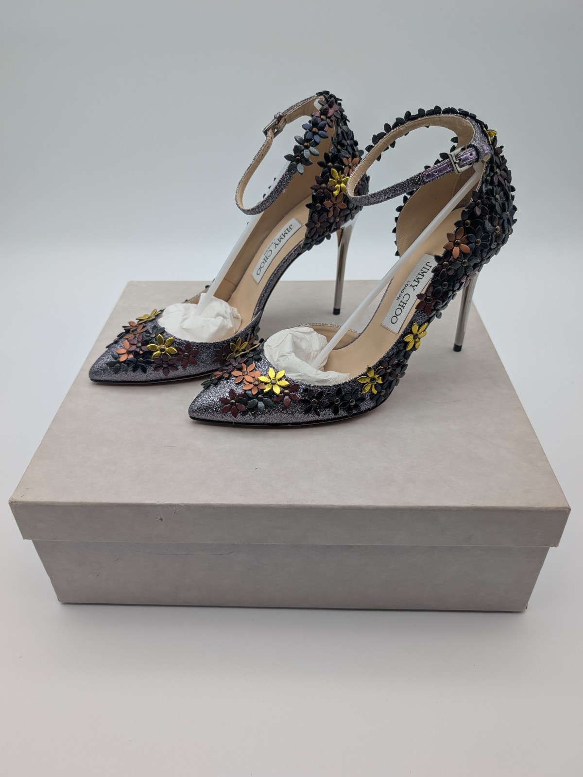 Wms Jimmy Choo Lorelai 100 FGW 155 Fine Glitter Leather Heels US 7.5 / EU 37.5