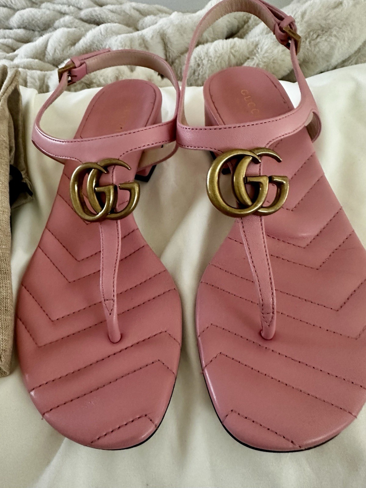 GUCCI MARMONT GG QUILTED LEATHER BLOCK HEEL SANDAL SHOE WILD ROSE PINK SIZE 37