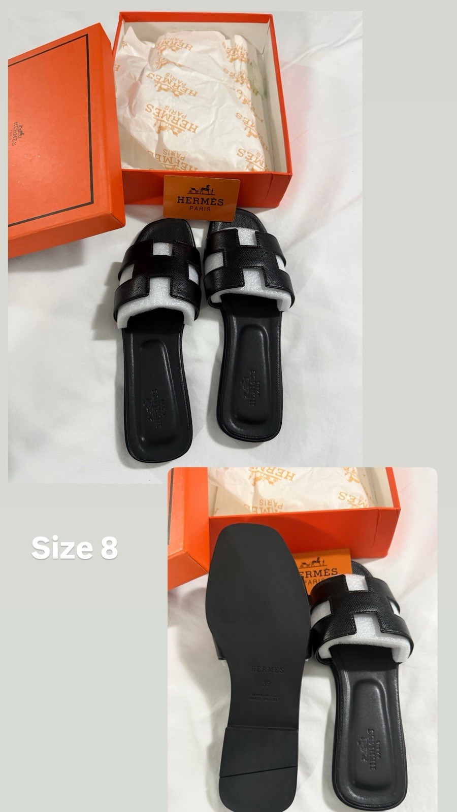 Hermès Women’s Black/White Leather Logo Colorblock Slide Slip-On Sandals 8