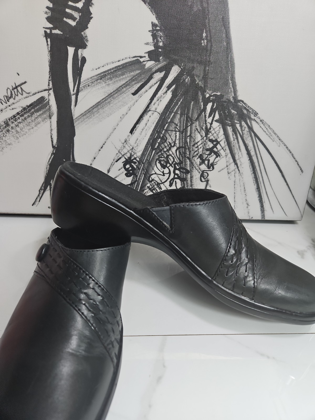 Clarks Mules Black Leather Stiched Braided Stripe Slide On Shoes 7N