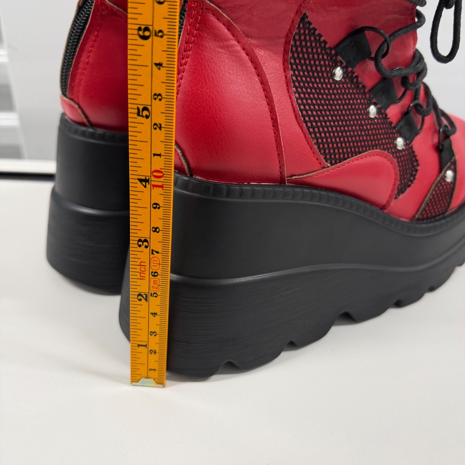 Red Platform Boots Gothic Punk Studded Mesh Wedge Ankle Boots Red Black Size 38