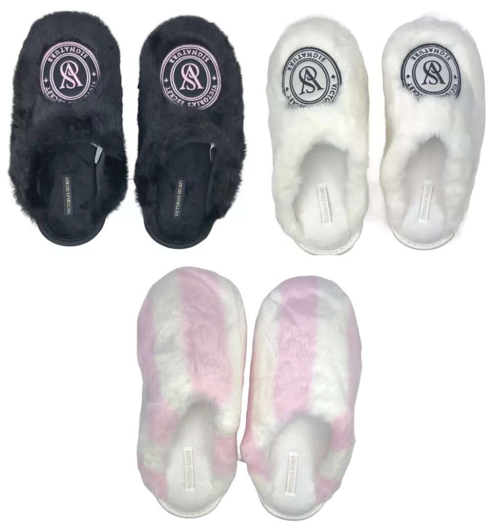 VICTORIAS SECRET SOFT PLUSH CLOSED TOE FAUX FUR PINK VS LOGO SLIPPERS S M L NWT