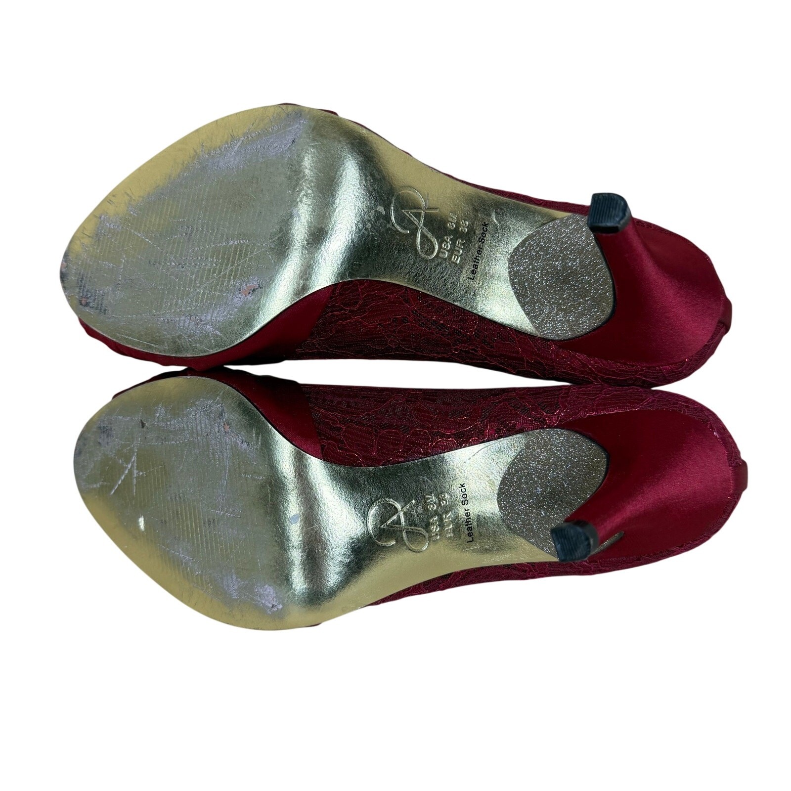 Adrianna Papell Heels Women’s 8 Red Satin Lace Peep Toe Leather Sock Stiletto