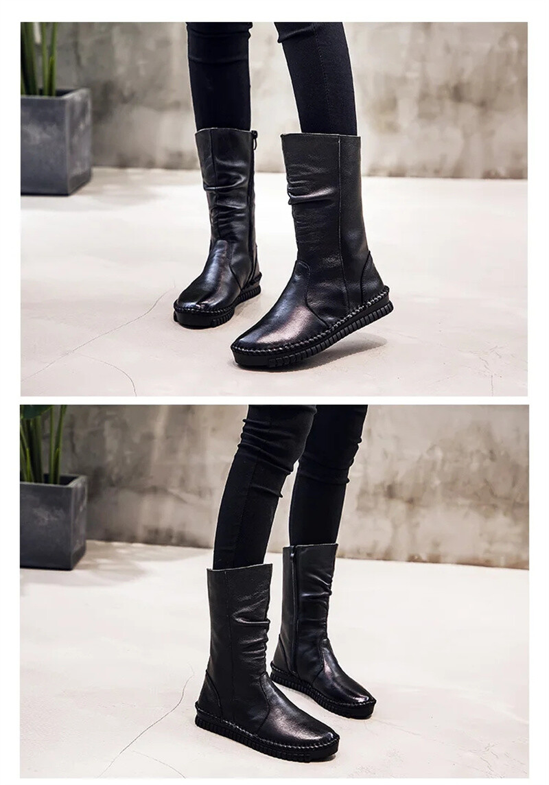 Women Boots Autumn Leather Retro Mid-Calf Boots Flat Shoes Real Leather Boots