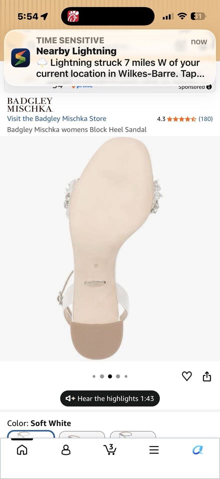 Badgley Mischka Women’s White Beaded Ankle Strap Satin Block Heel Sandal 9