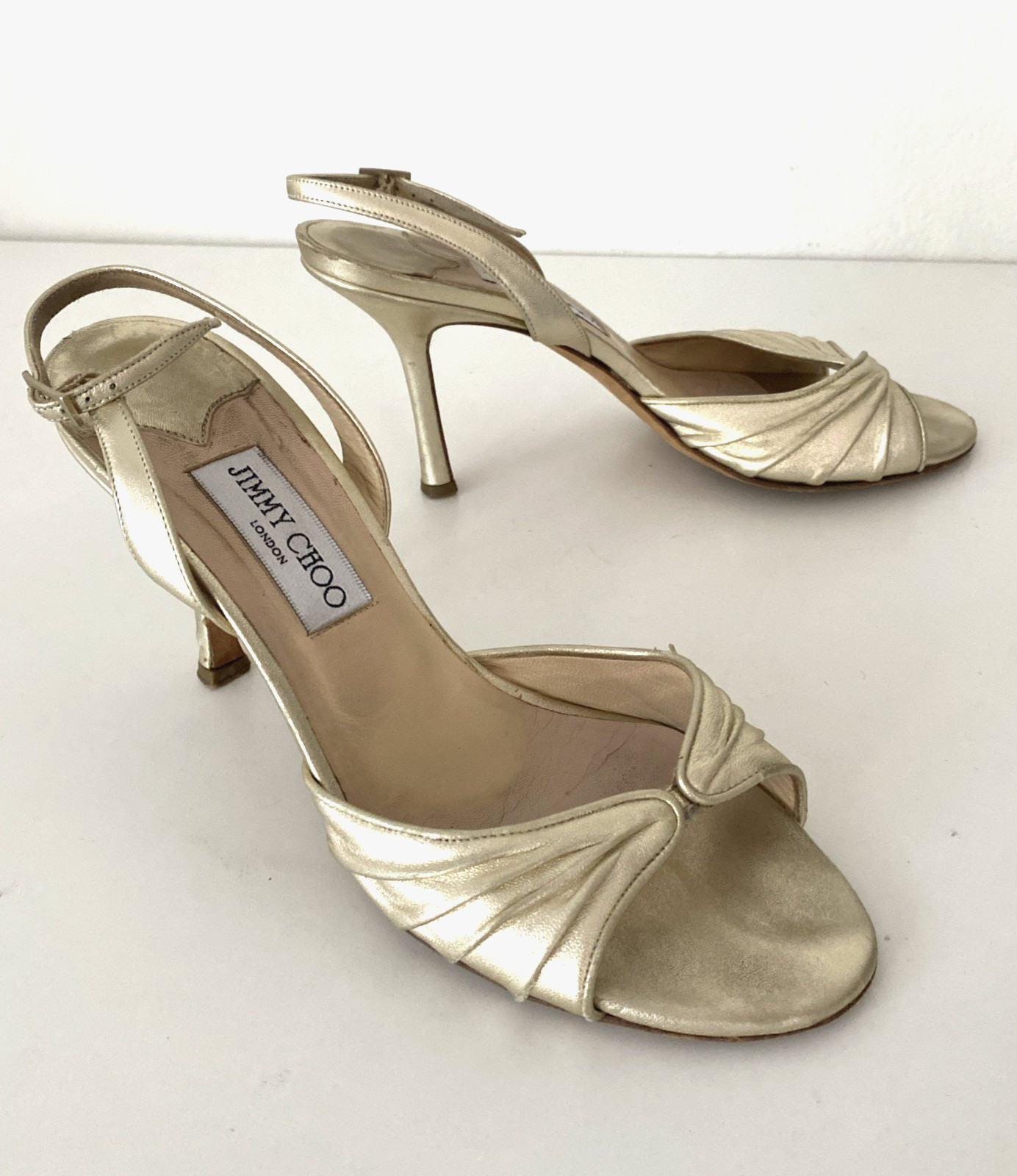 Jimmy Choo Gold King Slingback Sandal Open Toe Leather Slim Heel 39