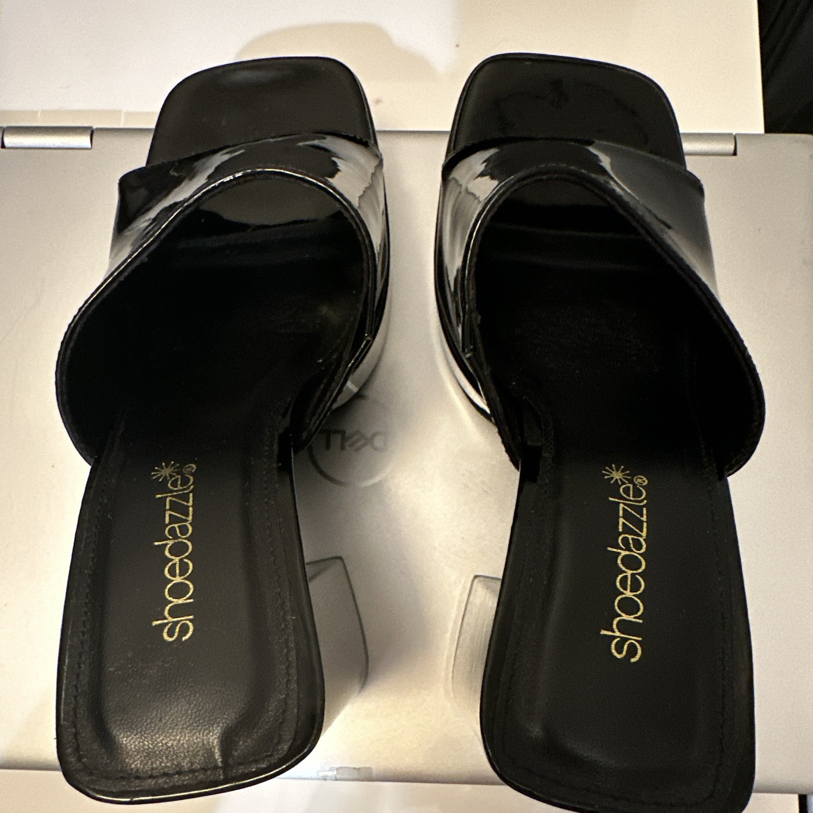 ShoeDazzle Black Patent Leather Platform Mules, Size 8
