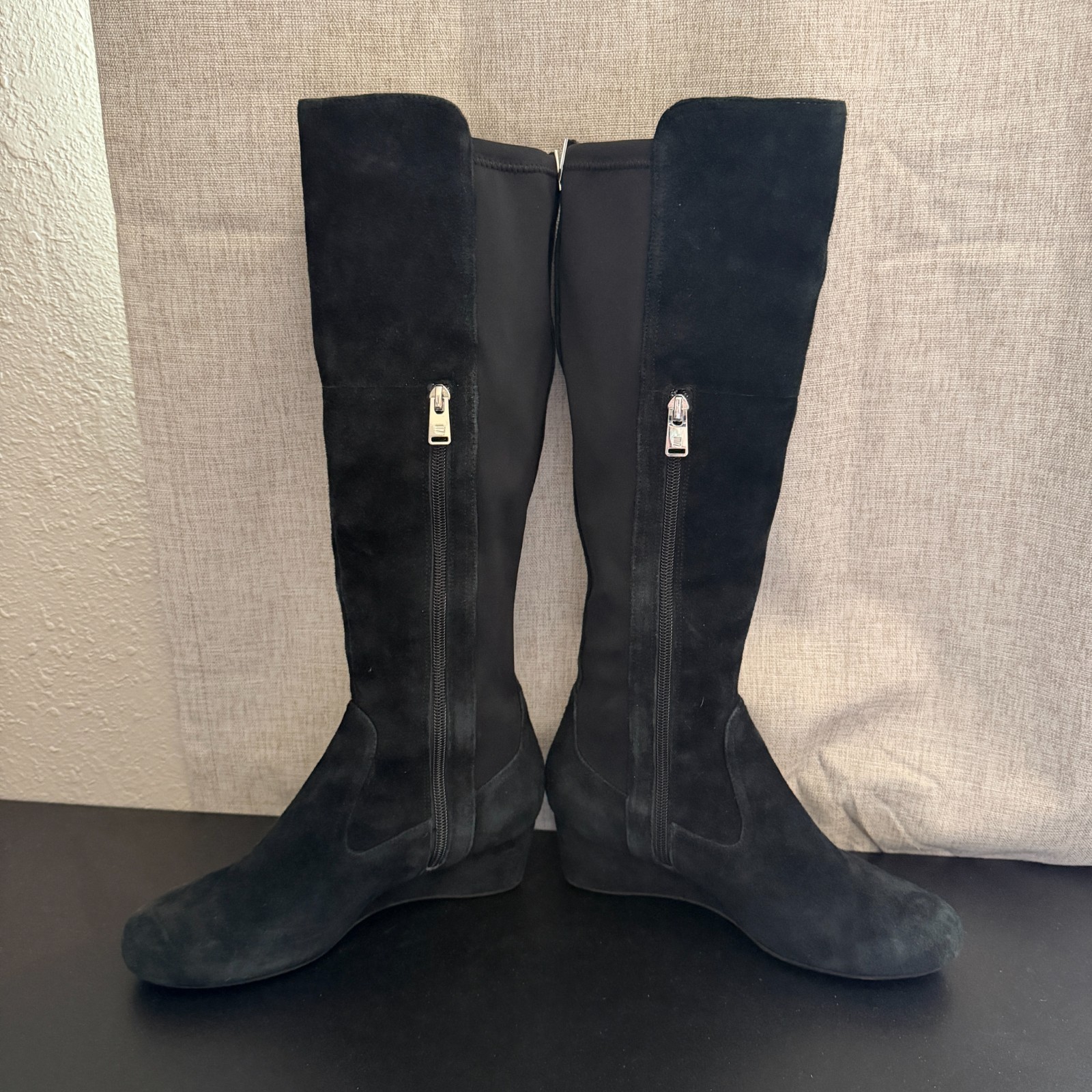 Rockport Knee High Boots Women’s 6.5 Black Suede Stretch Calf Wedge Heel Comfort
