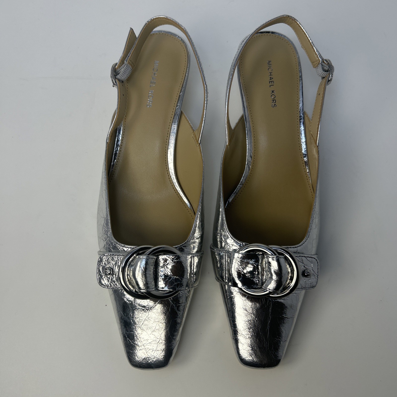 MICHAEL Michael Kors Jaden Kitten Slingback Pump Silver Metallic Size 7M NIB New