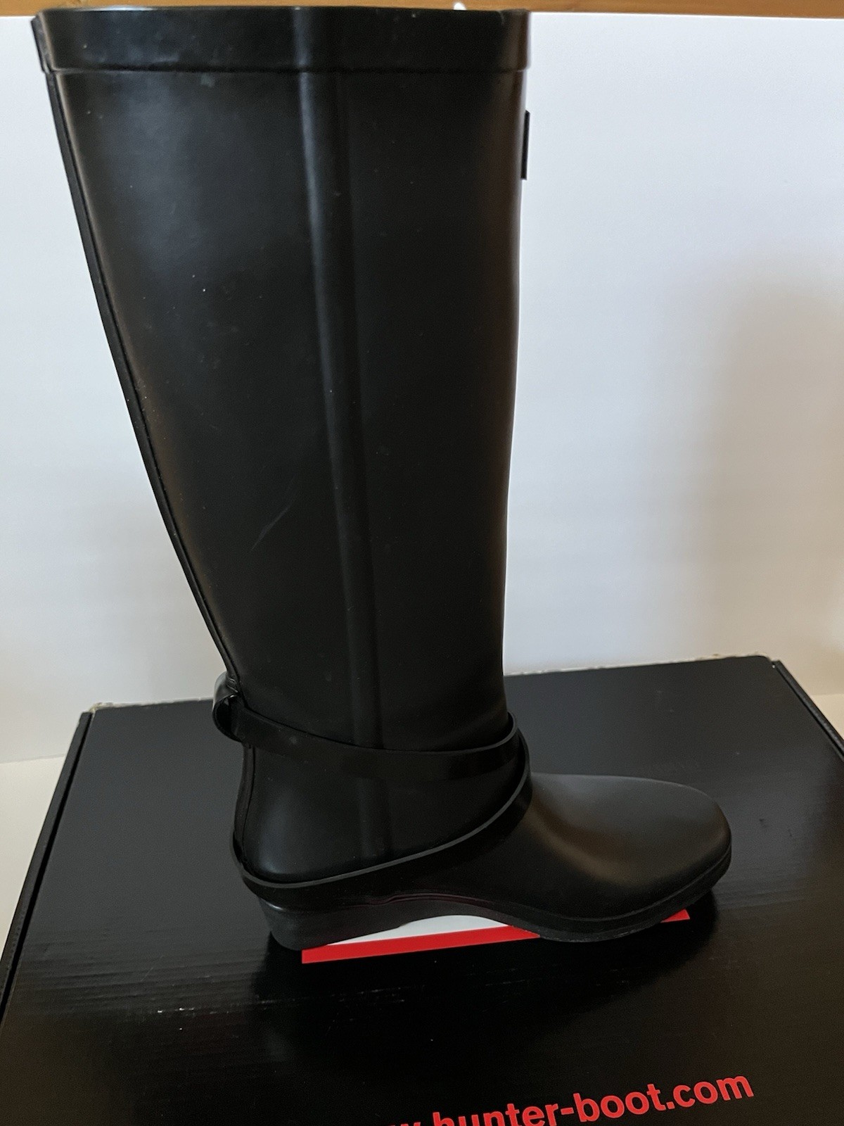 Hunter Andora Black Rain Boots Womens 7 Tall Wedge Heel Buckle Waterproof 23954