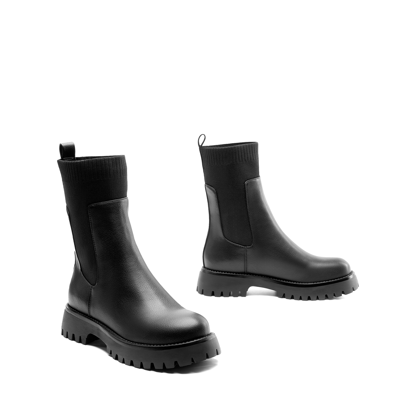Women Platform Chelsea Boots with Ribbed Sock Upper and Lug Sole Mid Calf Boots