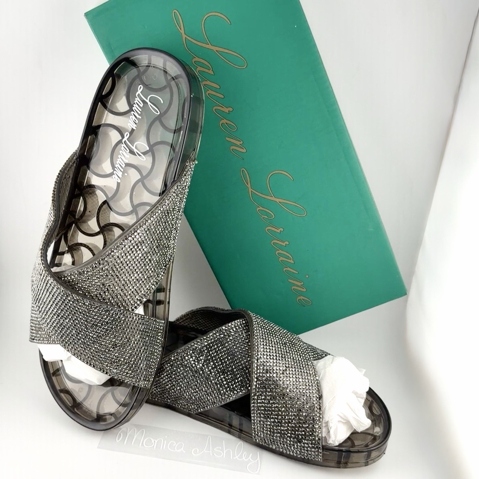 Lauren Lorraine Womens 10 Black Silver Jeweled Jelly Slides Slip On Sandals NEW