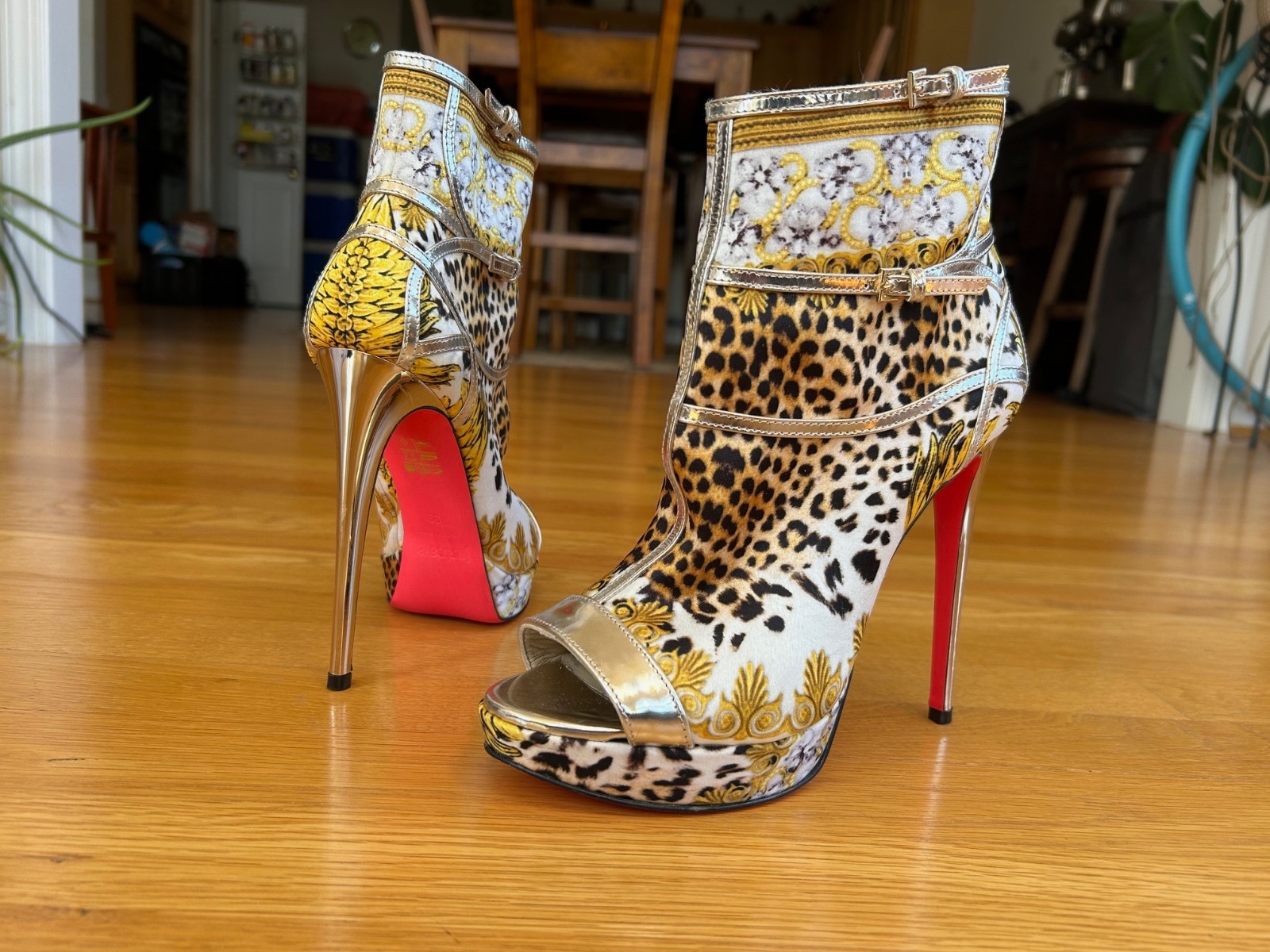 Just Cavalli Leopard & Baroque Print Silver-Tone Ankle Boot SZ 9 IT 39 Excellent