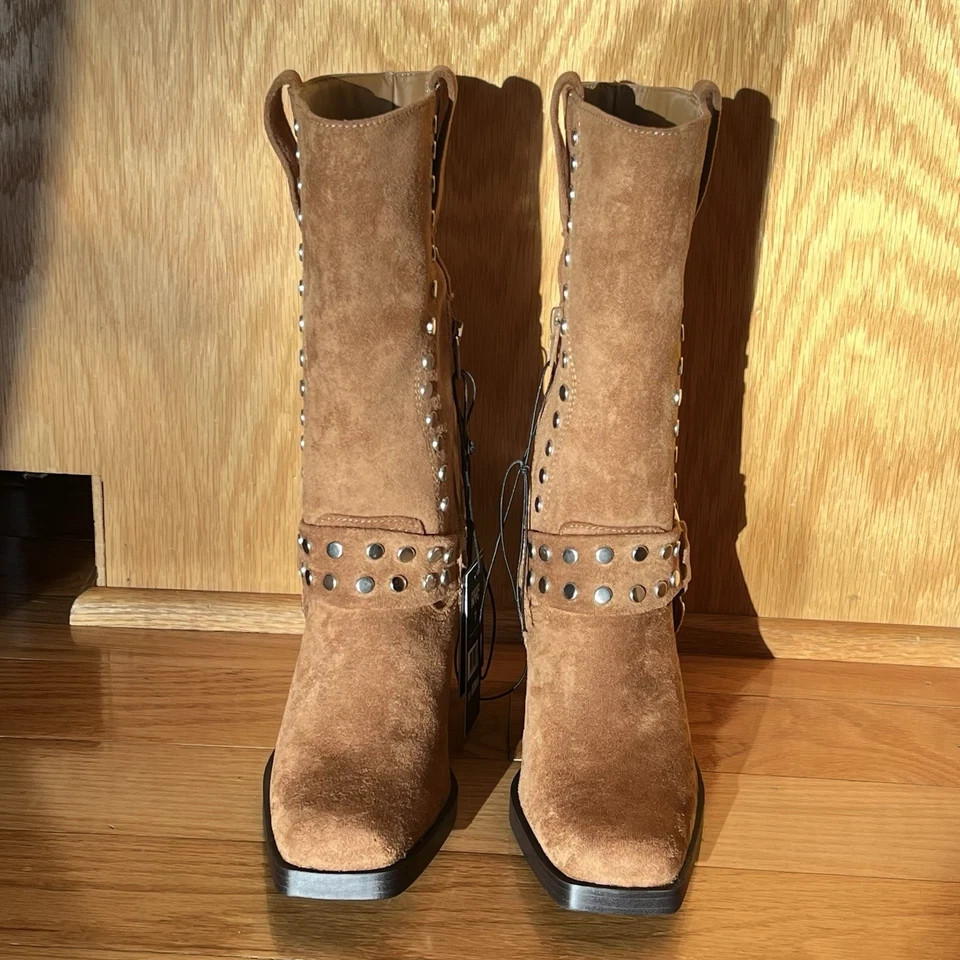 Steve Madden NYC Tan Suede Studded Boots Square Toe Size 7 New With Box