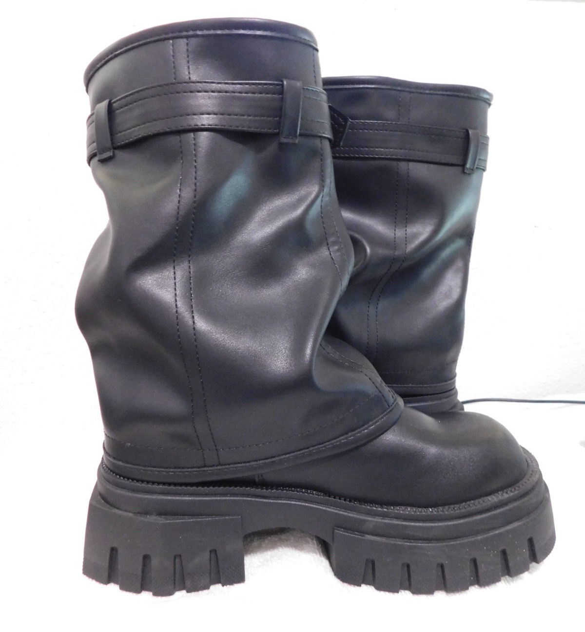 Platform Mid-Calf Boots Buckle Square Toe Side Zip Square Heel Shoe Gothic Biker