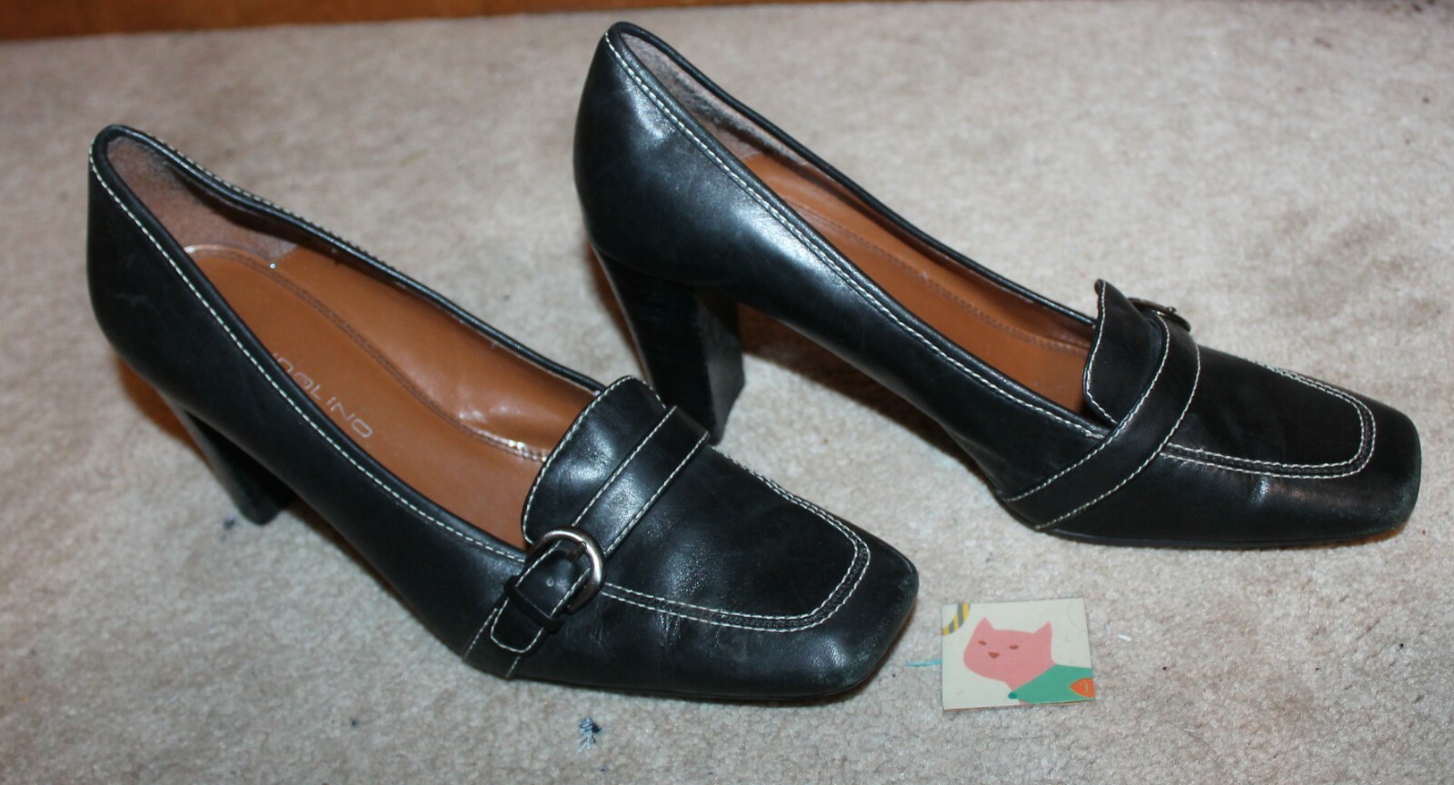 BANDOLINO Ladies’ Sz 8.5 HEELS/PUMPS (black matte leather; 3.25″ heel) EUC
