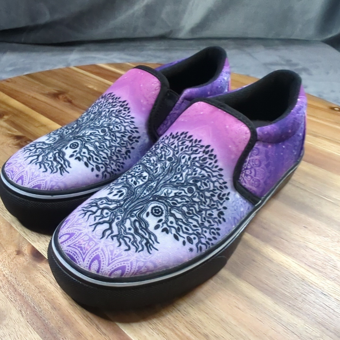 Yes We Vibe Canvas Slip On Shoes Sz 6 Womens Pink Purple Tree of Life Boho Hippy