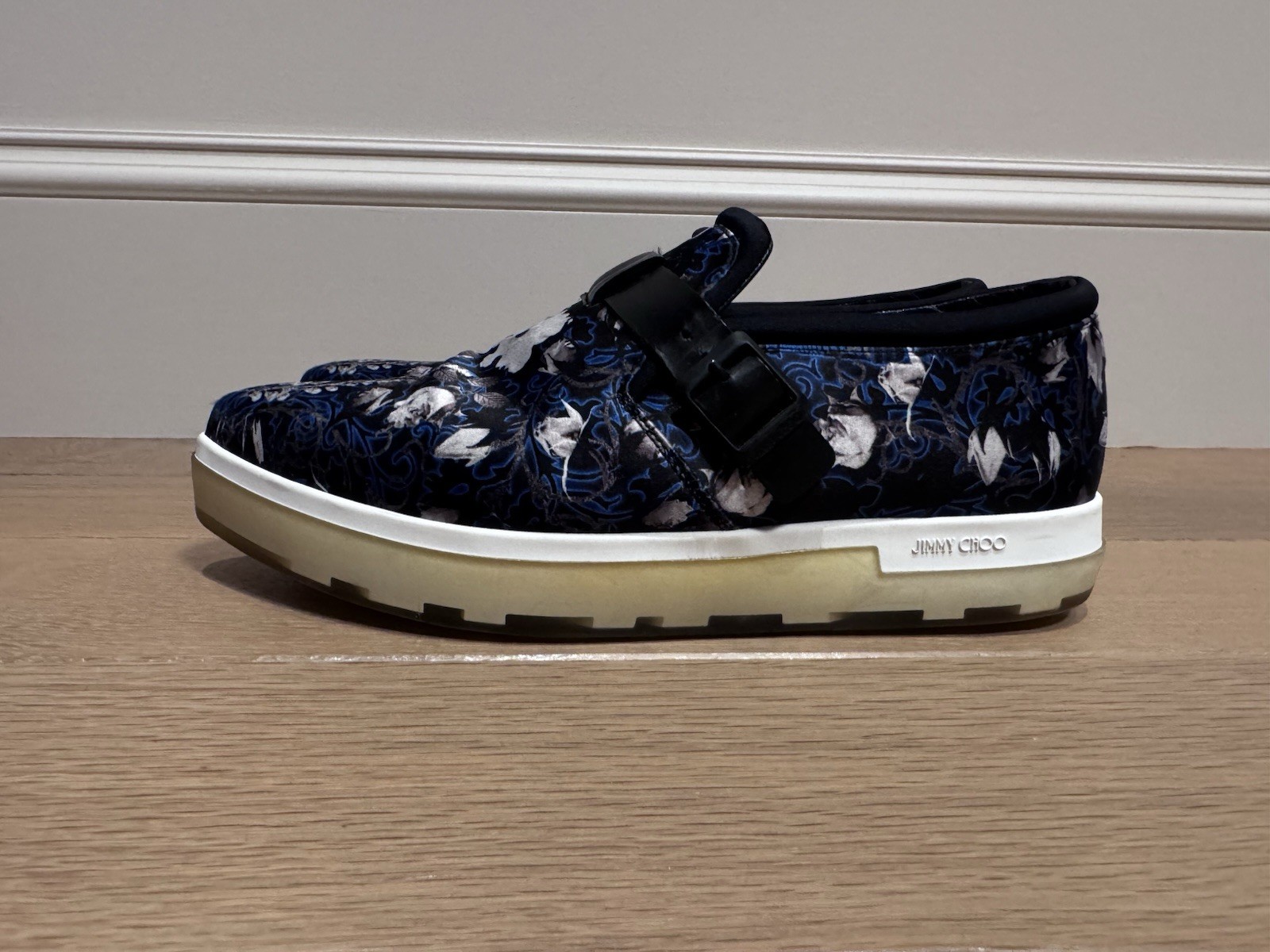 Jimmy Choo Women’s Floral Slip On Sneakers Blue Black White EU 37 Luxury Shoes
