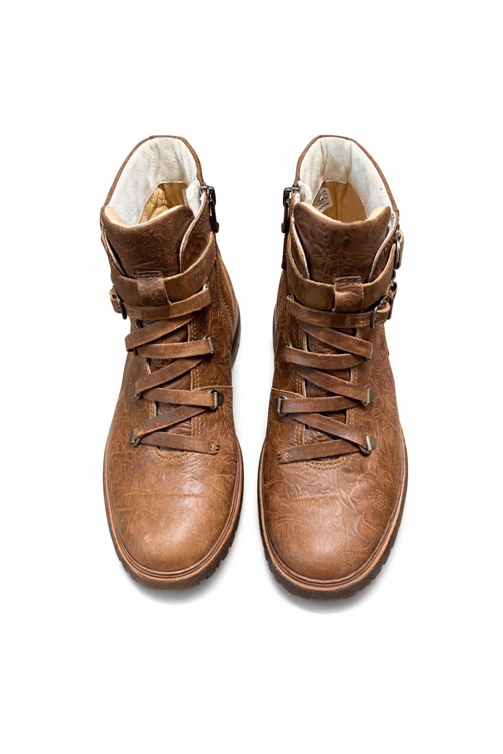Timberland Boot Company Women- 7 Brown Embossed Leather Buckle Moto Boots Sample