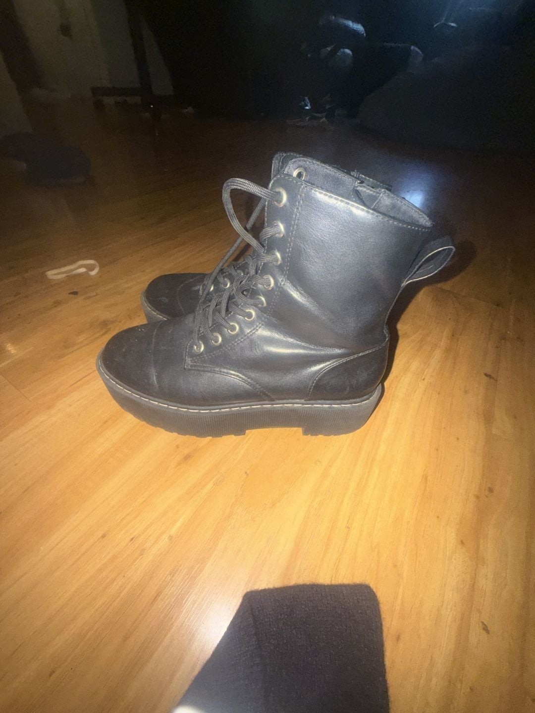 Divided H&M Black Platform Lace-Up Combat Boots with Side Zipper