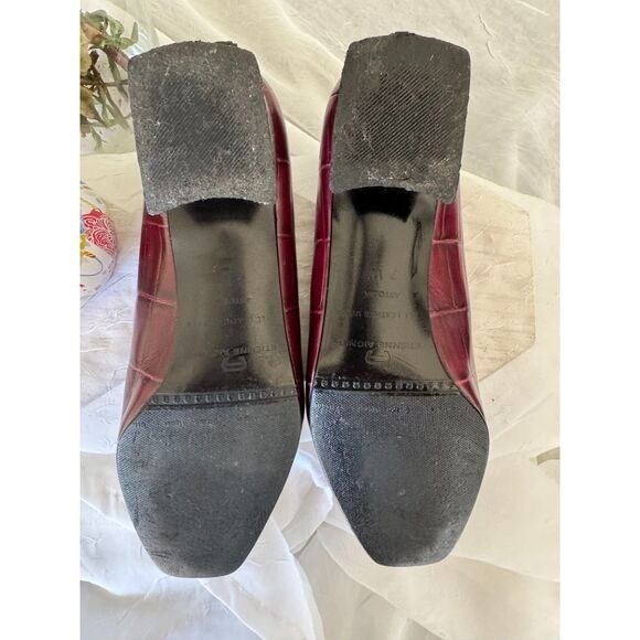 Etienne Aigner 7W Burgundy Croc Embossed Leather Block Heel Pumps Dark Academia