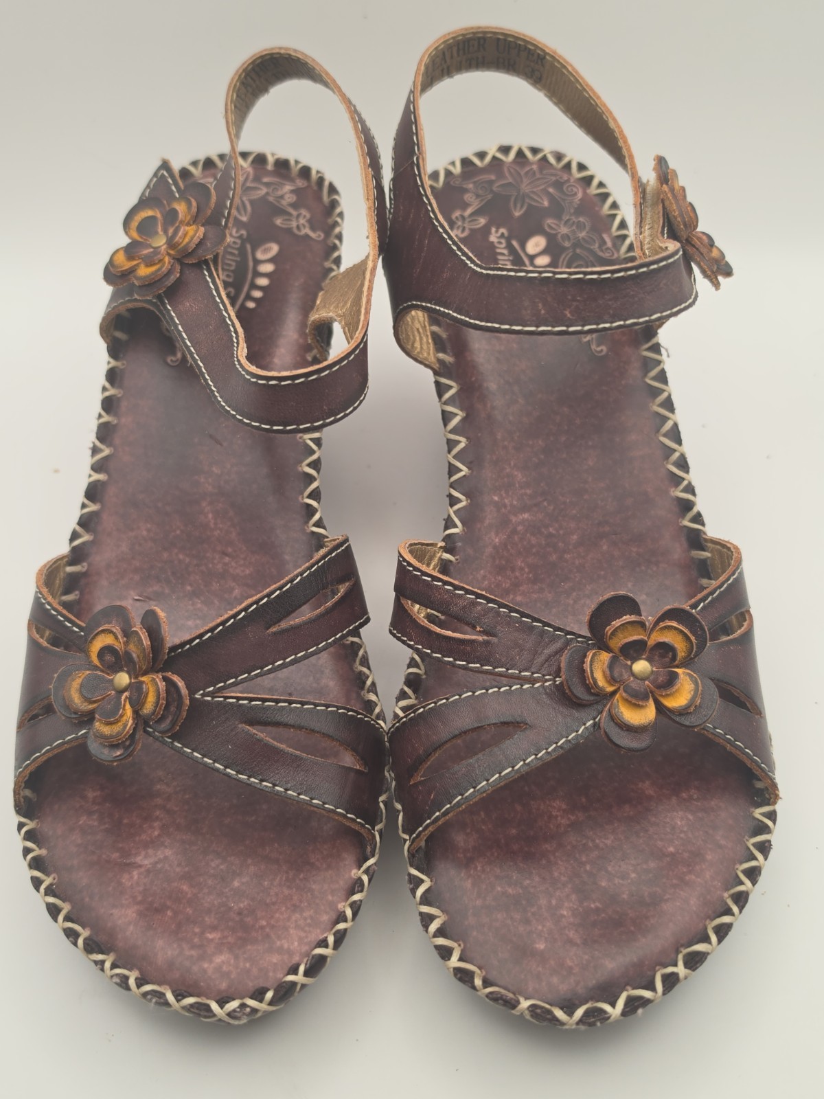 L’Artiste by Spring Step Lilith-BR Brown Leather Floral Wedge Sandals Women’s 39