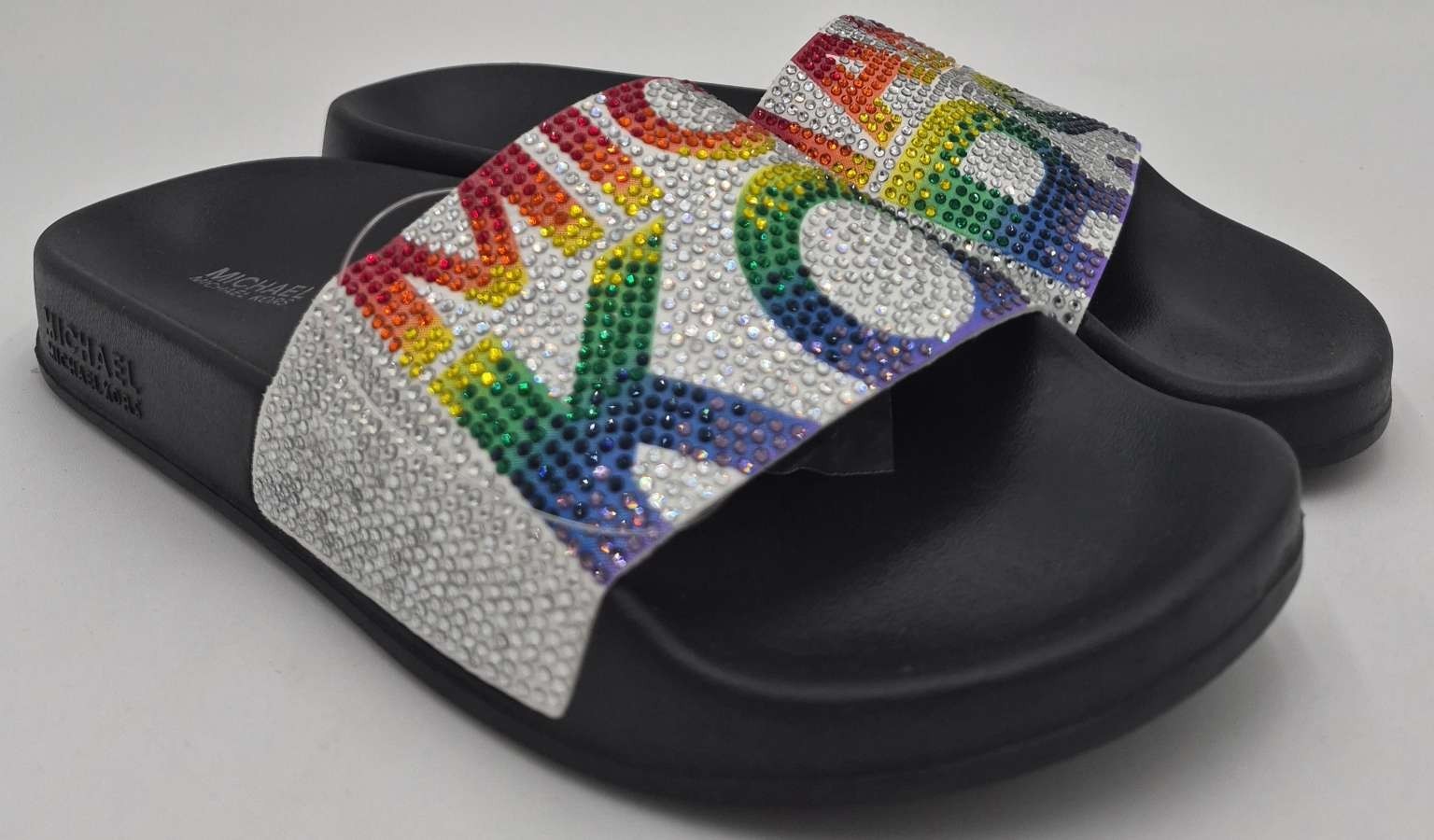 Michael Kors Gilmore Iconic white Rainbow Crystal MK Logo Slides I Love shoes