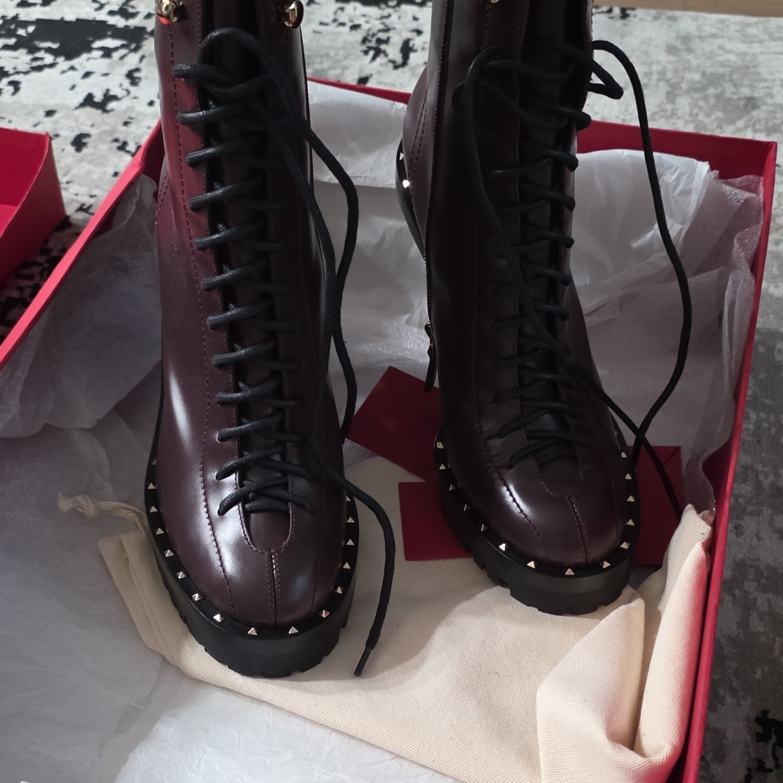 Valentino Garavani Burgundy Leather Studded Lace-Up Zipper Bootie US 9