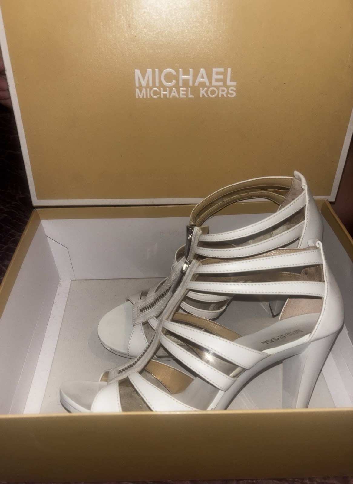 Michael Kors Women’s White Leather Strappy Open Toe Zip Stiletto Heels US 8M