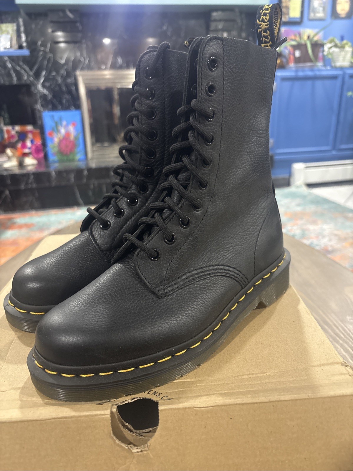 Dr. Martens Pascal 1490 Virginia Leather Boots for Women, Black Grunge Core NIB