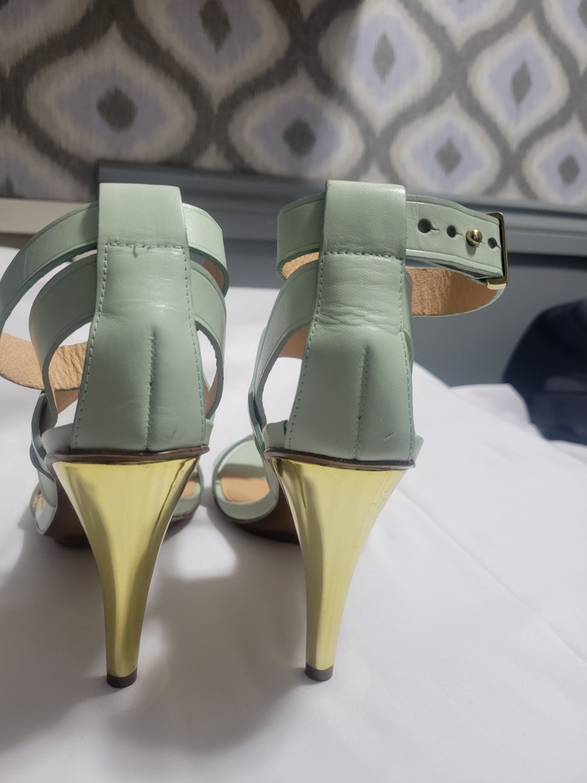 7 For All Mankind Mint Green Leather Gold Stilletto Heel Sandals Womens 7.5 M