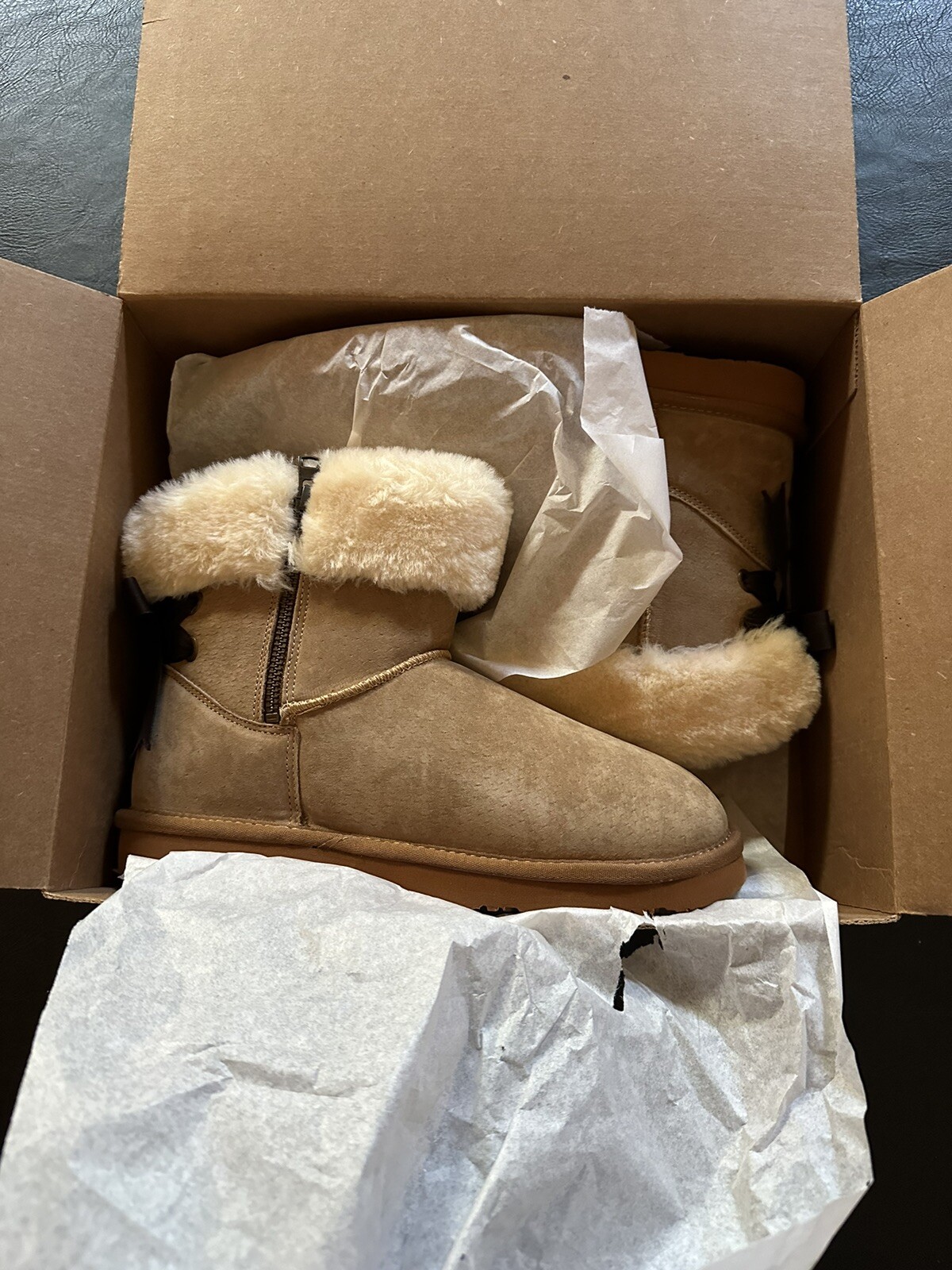New LAM/LAMO Chestnut Adele Short Boot Suede Sz 8 Bow Back Women’s NIB W/Box