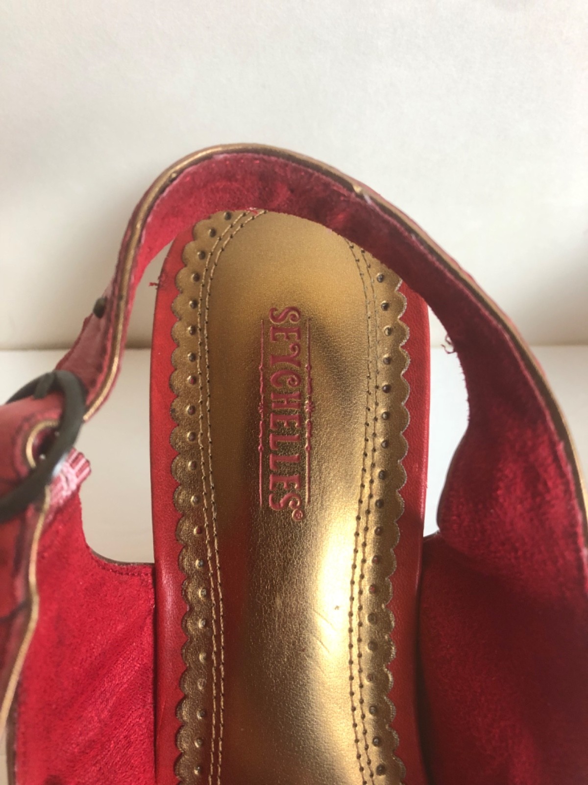 Seychelles size 10 red leather peep-toe slingback heels; brown layered cone heel