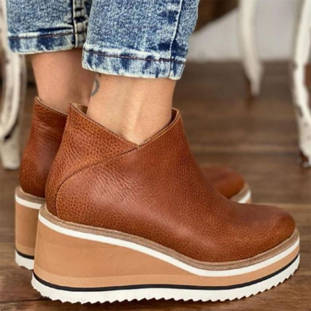 Women’s Ladies PU Leather High Mid Heel Wedge Work Ankle Boots Size UK2.5-8.5