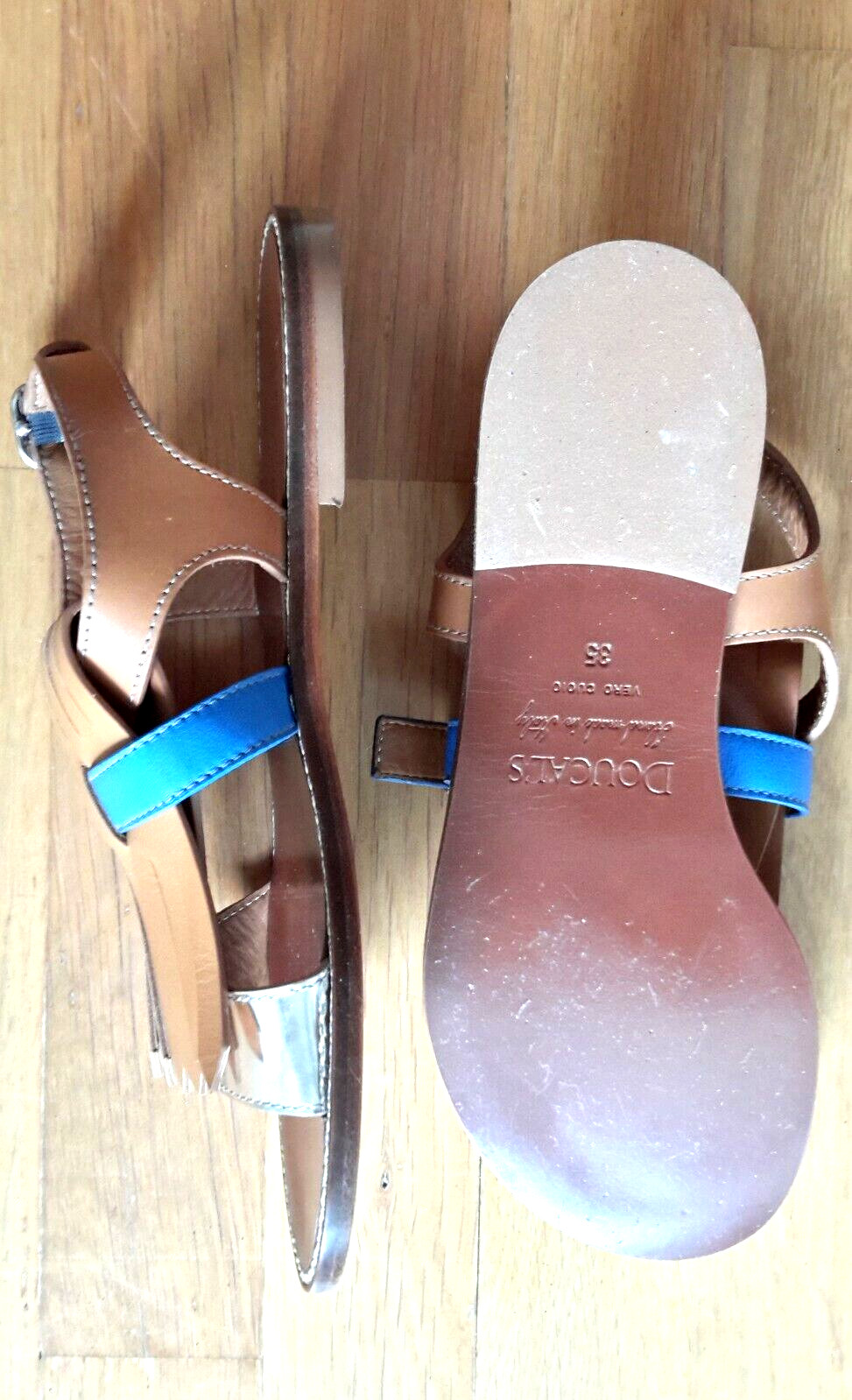 NEW DOUCAL’S LUXURY ITALIAN DESIGNER sandals moccasin tan blue silver IT35 US5 3