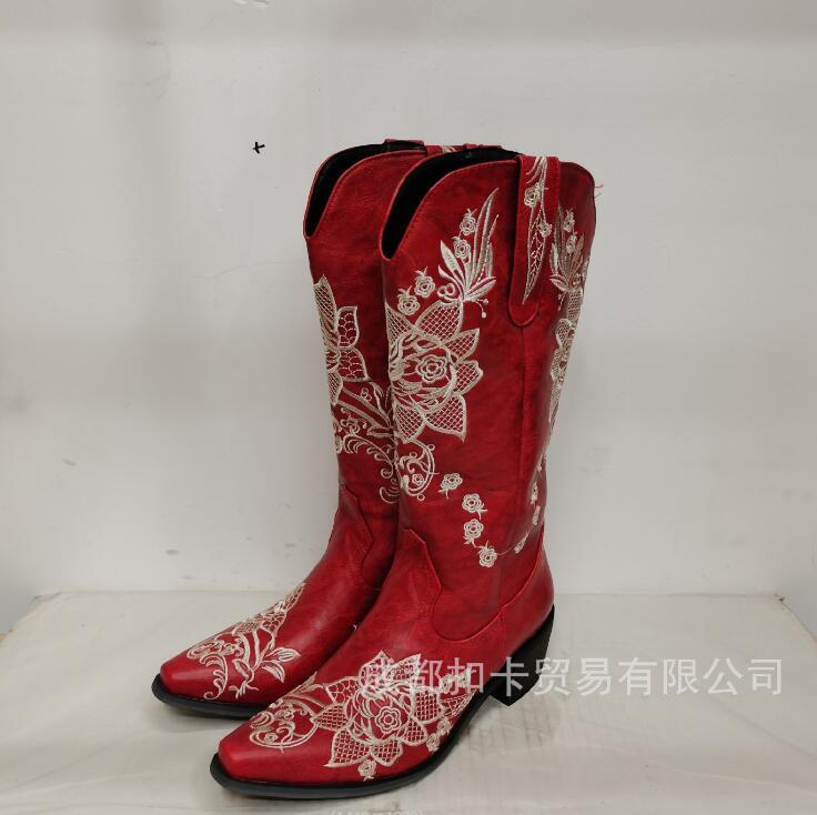 Embroidery Floral Women’s Pull on Square Toe Calf Knee High Western Boots Cowboy