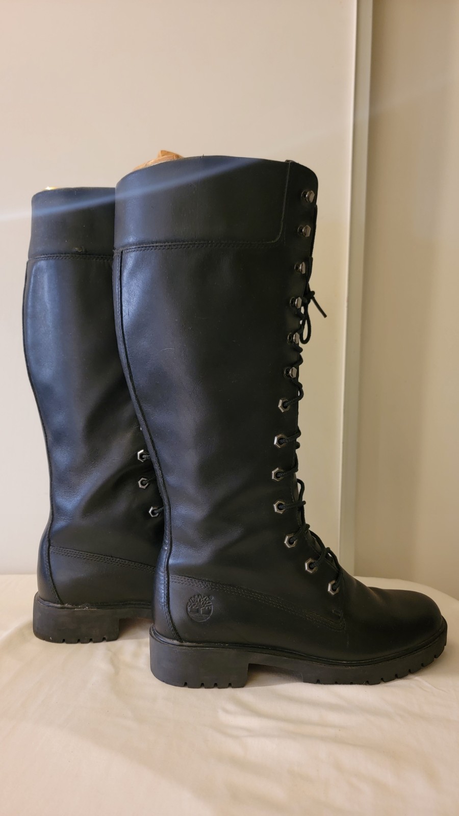 Timberland Women’s Knee High Combat Boots Lace-Up Black Leather Round Toe 7M