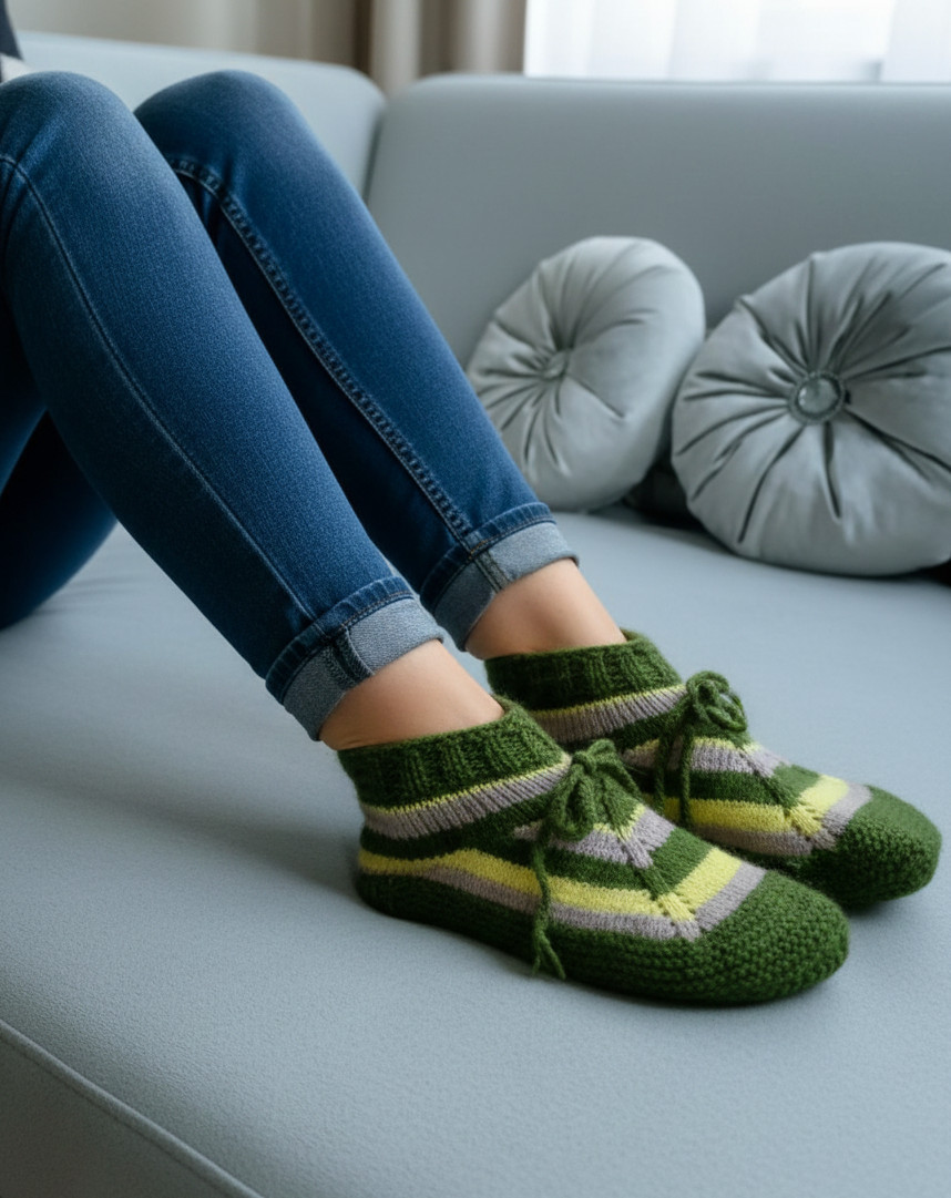 Green and Yellow Striped Slippers – Handmade Wool Booties