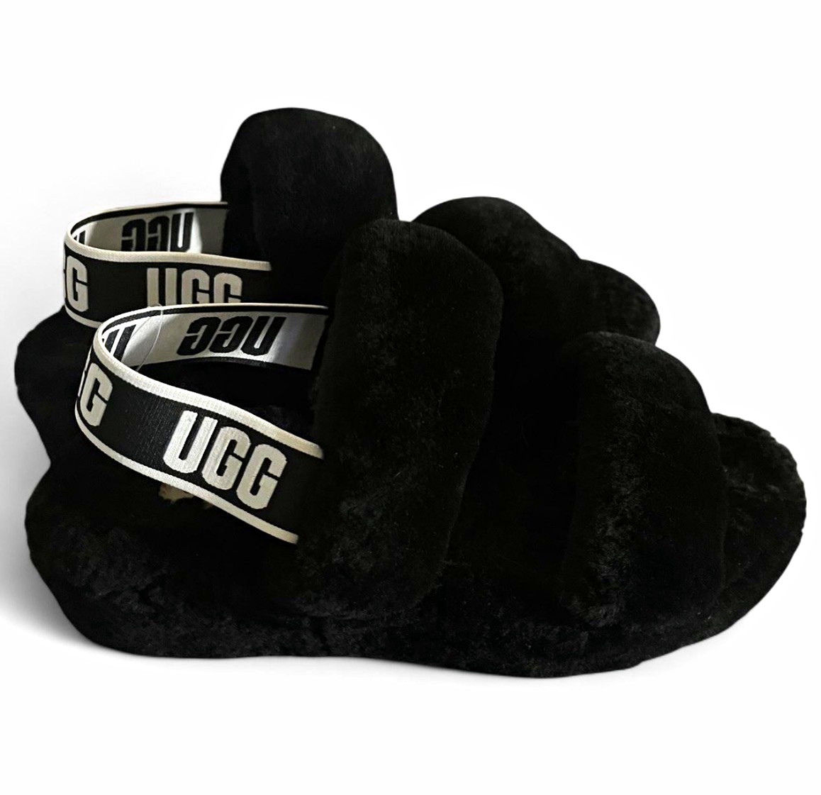 UGG Oh Yeah Women’s Black Sheepskin Shearling Slide Slippers Logo Strap US 8