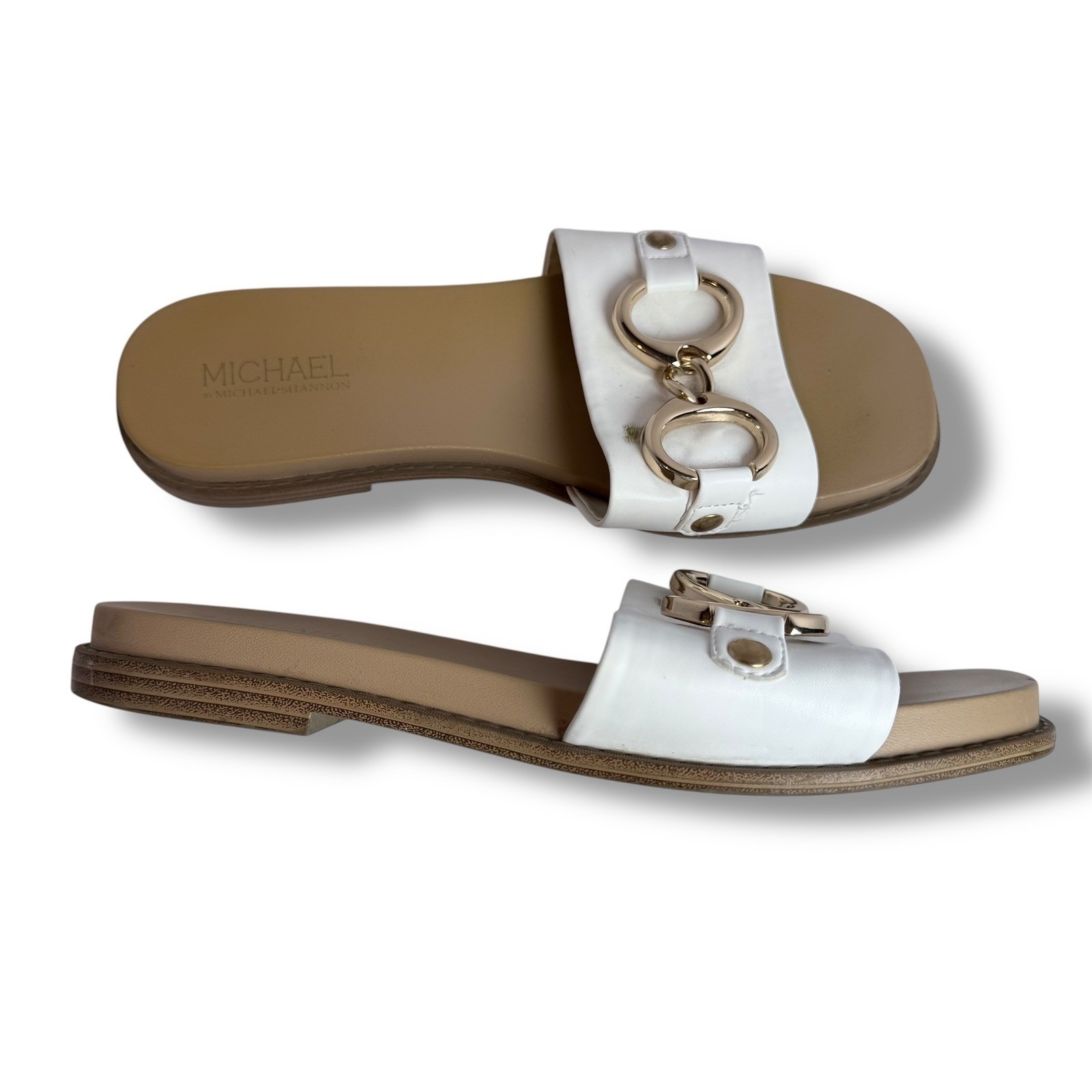 EUC Michael by Michael Shannon White & Gold Chain Detail Slide Sandals Size 9M