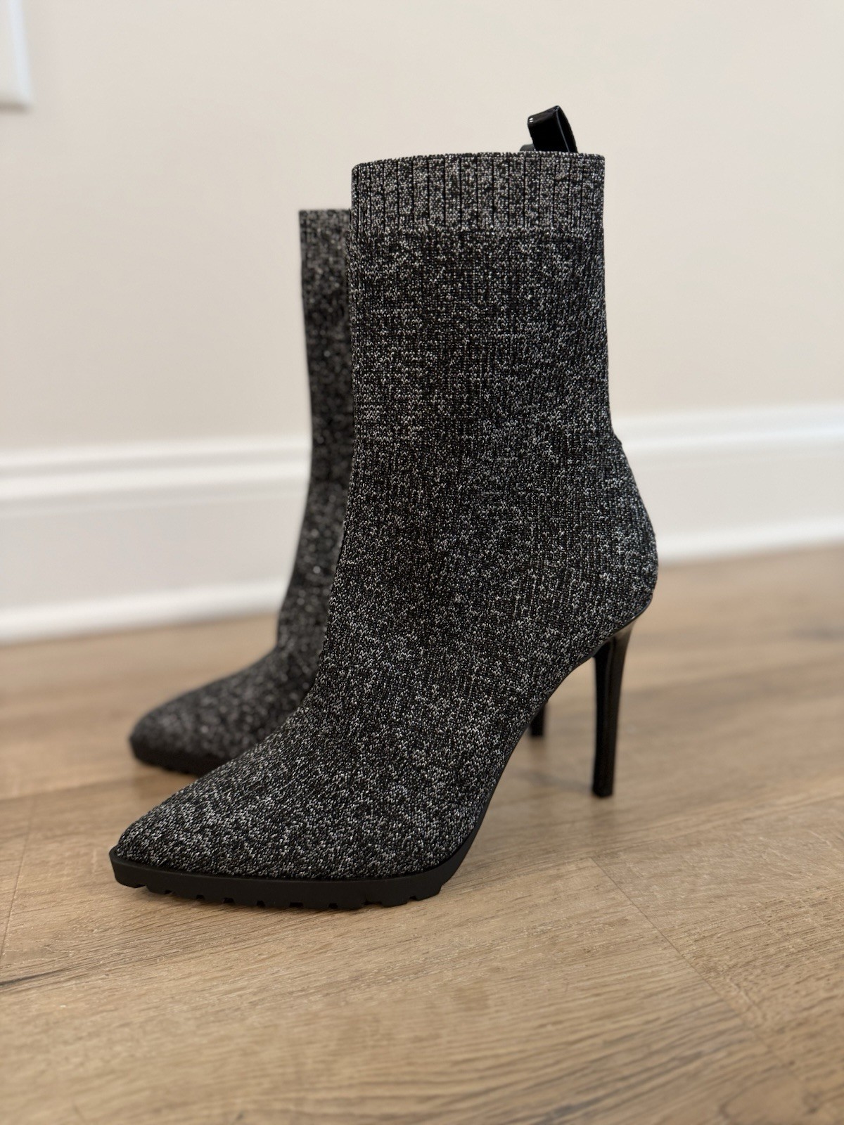 MIX No. 6 Black Silver Glitter Sock Ankle Boots Stiletto Heel Booties Women’s 7