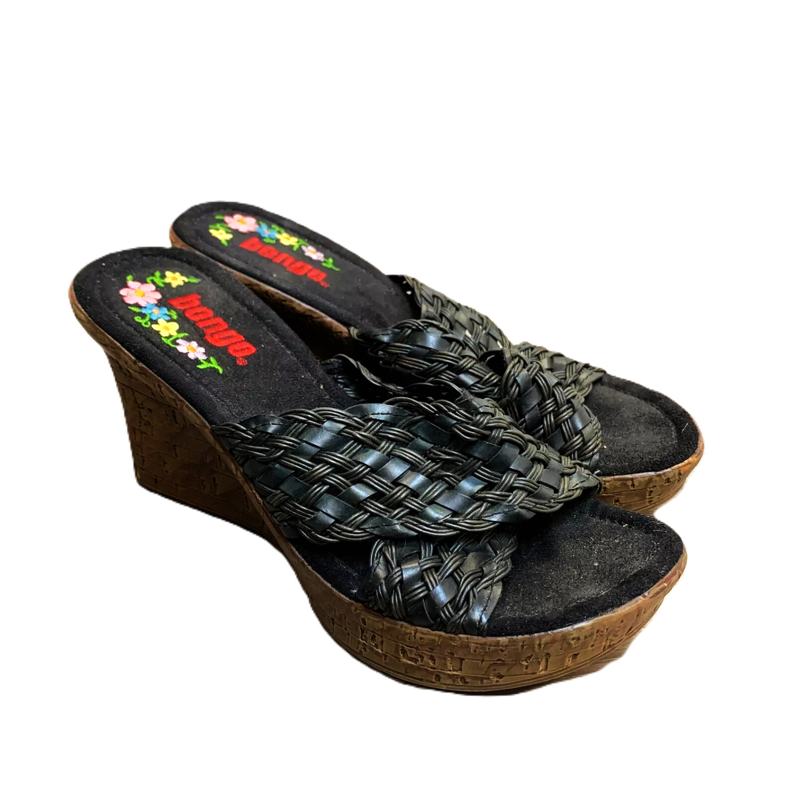 Y2k Bongo Wedge Sandals 7 Braided Black Chunky faux Wood Platform Boho 90’s Vtg
