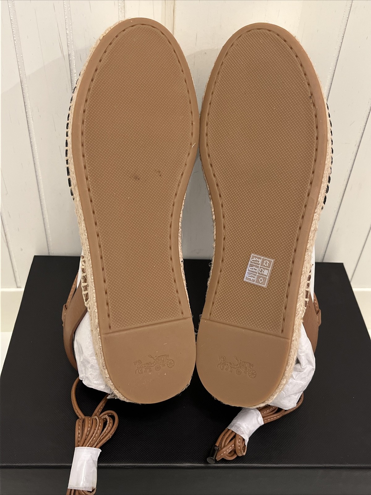 Coach Rita Espadrille Sandals Size 5.5M Black Leather LaceUp Flat Shoes NiB