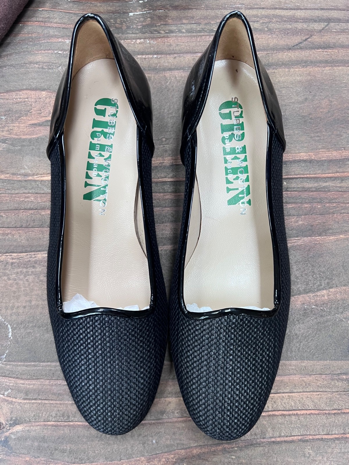 Stubbs and Wootton Eco Friendly Green Line Raffia and Patent Shoes, size 9, NEW