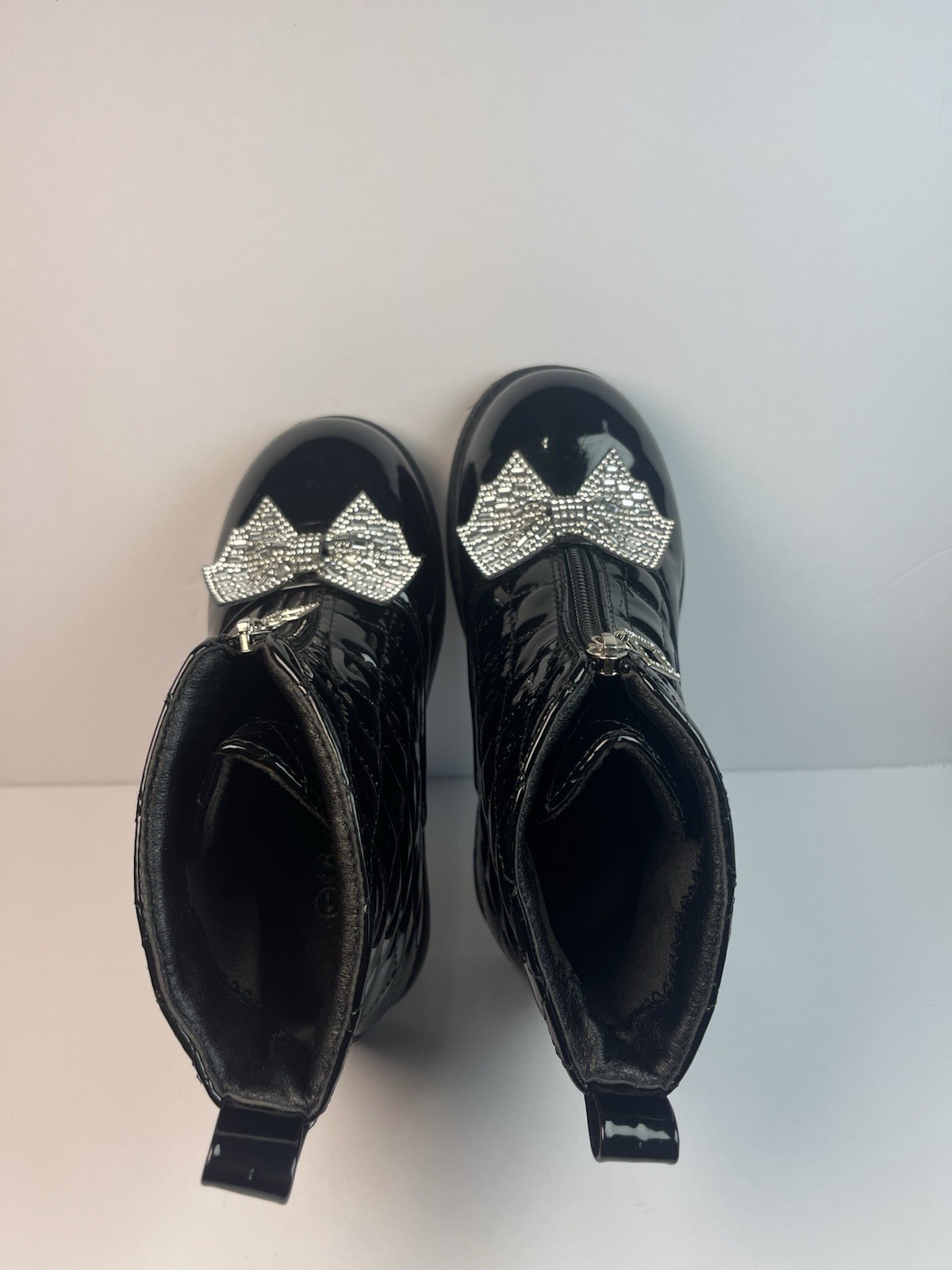 Women’s Black Patent Leather Quilted Ankle Booties, Zip Front Rhinestone Bow